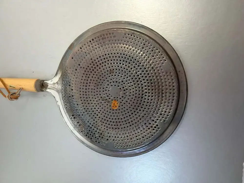 Vintage‎ 1950s Splatter Screen Flat Metal Strainer With Dark Wood Handle